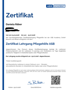 offizielles Zertifikat zum Lehrgang Pflegehilfe ASB